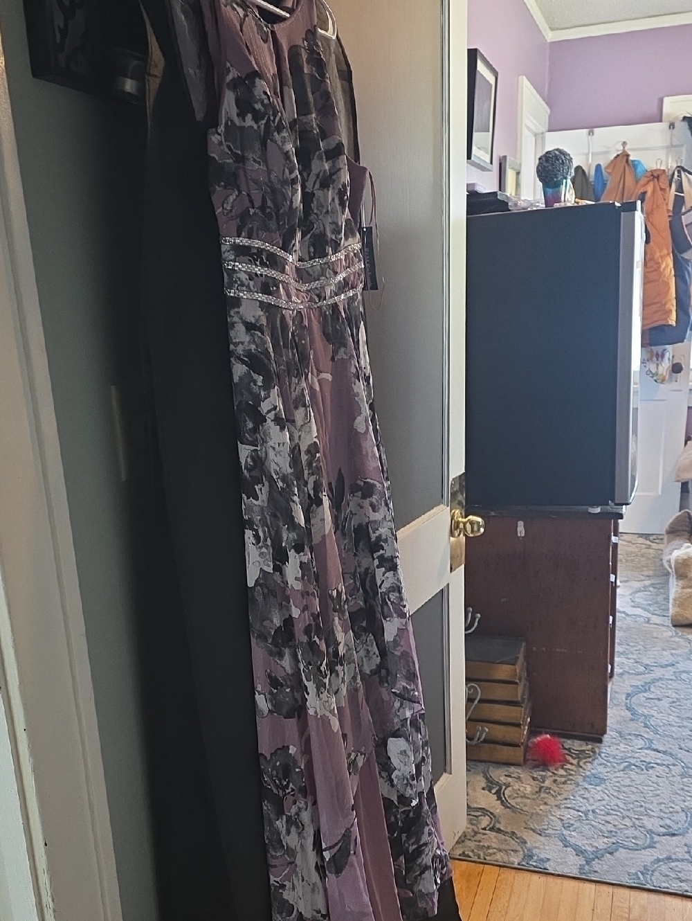 NWT 8 10 purple and black sparkly high- low  floral, print, formal gown